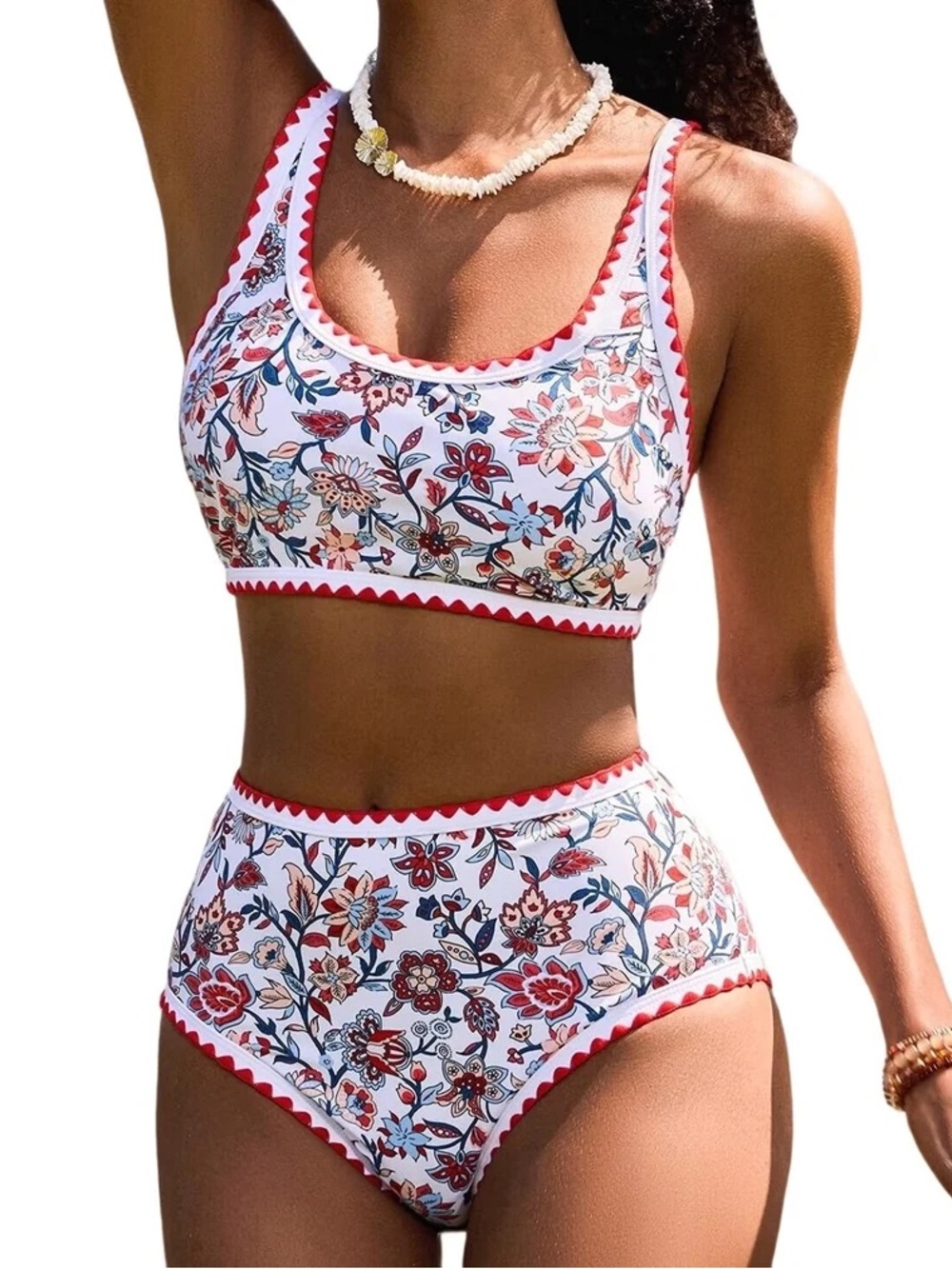 Floral High-Waist Two-Piece Swim Set - White & Red